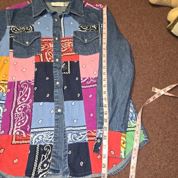 Vintage Lemon Grass Denim Patchwork Shirt Bandana-style Top Large Excellent Cond - Picture 5 of 6